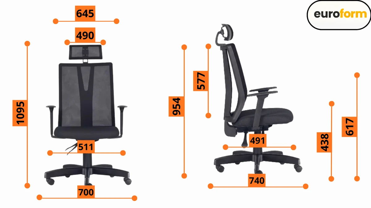 Desenho técnico com as medidas da Cadeira Matrix Presidente