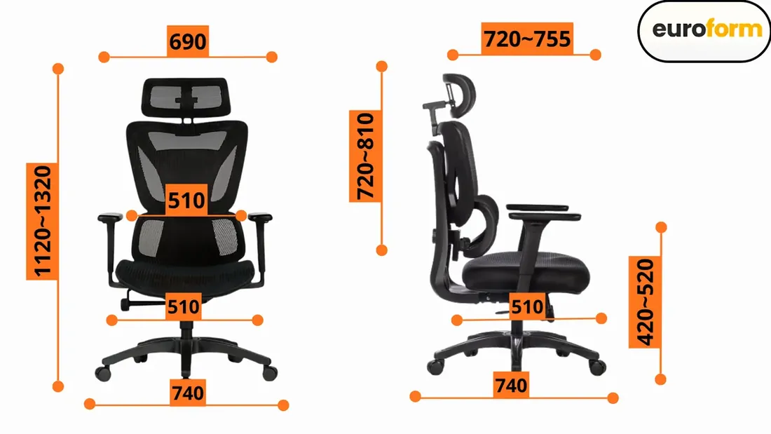 Desenho técnico com as medidas da Cadeira Mônaco Presidente
