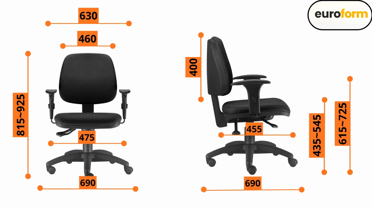 Desenho técnico com as medidas da Cadeira Roma Executiva